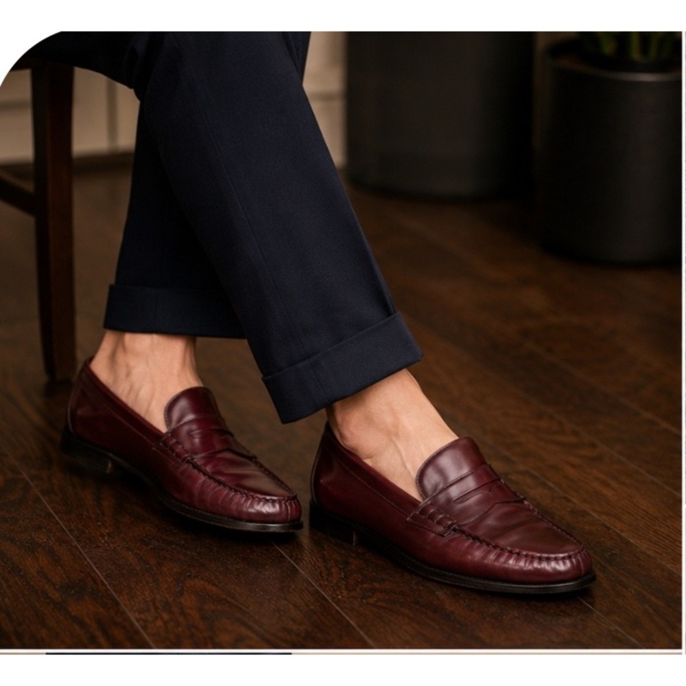 Tauer & Johnson Mens Burgundy Leather Penny Loafers Dress Shoes Burgundy